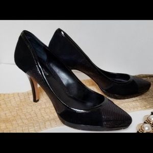 WHBM size 7.5 Black suede & snake embossed pumps